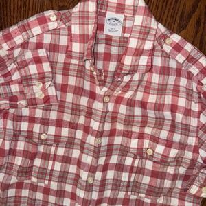 Brooks‎ Brothers Irish Linen Epaulettes Long Sleeve Work Shirt Men's M Red Plaid